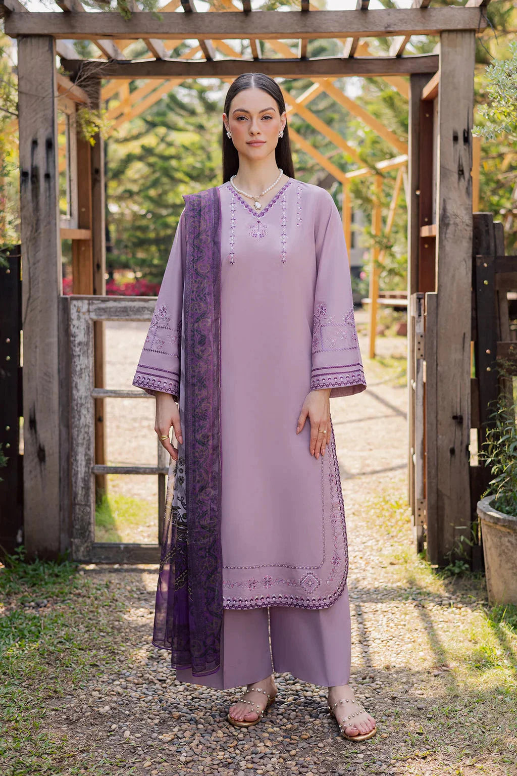 GARNET-3PIECE LAWN EMBROIDERED SHIRT WITH CHIFFON PRINTED DUPATTA AND TROUSER-BIC-4856 Asasay Fakhir