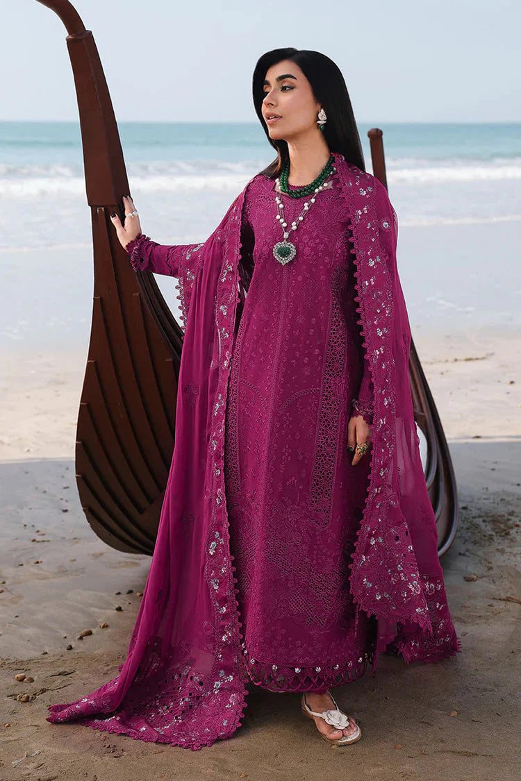 QALAMQAR-3PC LAWN EMBROIDERED SHIRT WITH KHAADI NET SILK EMBROIDERED BORDER DUPATTA AND TROUSER-BIC-4835 Asasay Fakhir