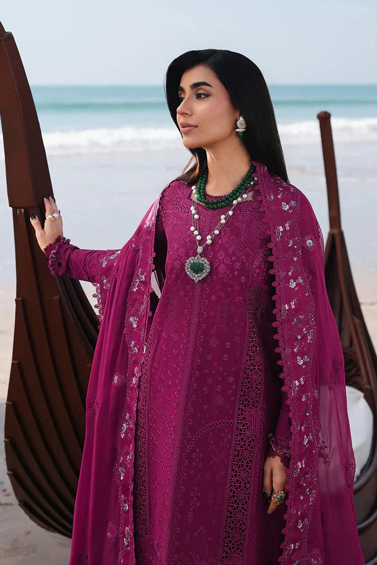 QALAMQAR-3PC LAWN EMBROIDERED SHIRT WITH KHAADI NET SILK EMBROIDERED BORDER DUPATTA AND TROUSER-BIC-4835 Asasay Fakhir