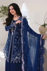 QALAMQAR-3PC LAWN CHIKAN EMBROIDERED SHIRT WITH KHAADI NET EMBROIDERED DUPATTA AND EMB TROUSER -4758 Asasay Fakhir