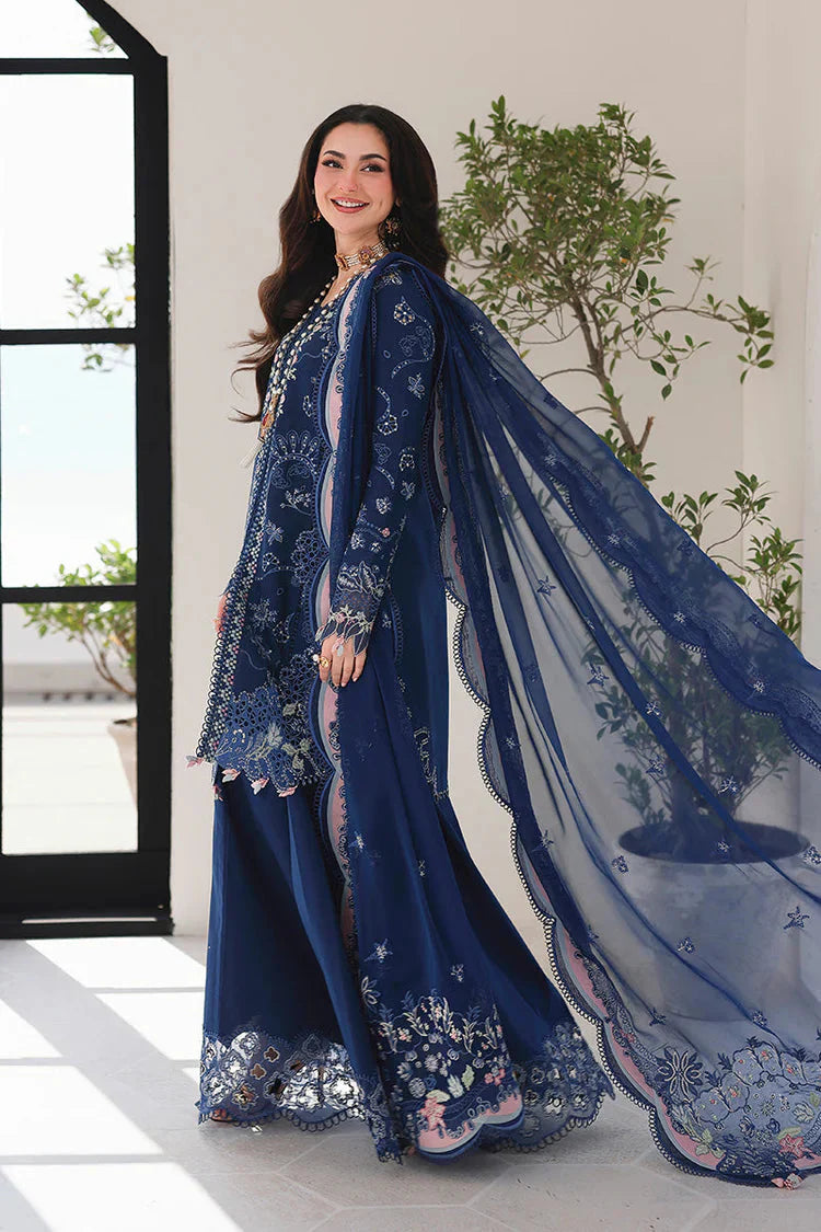 QALAMQAR-3PC LAWN CHIKAN EMBROIDERED SHIRT WITH KHAADI NET EMBROIDERED DUPATTA AND EMB TROUSER -4758 Asasay Fakhir