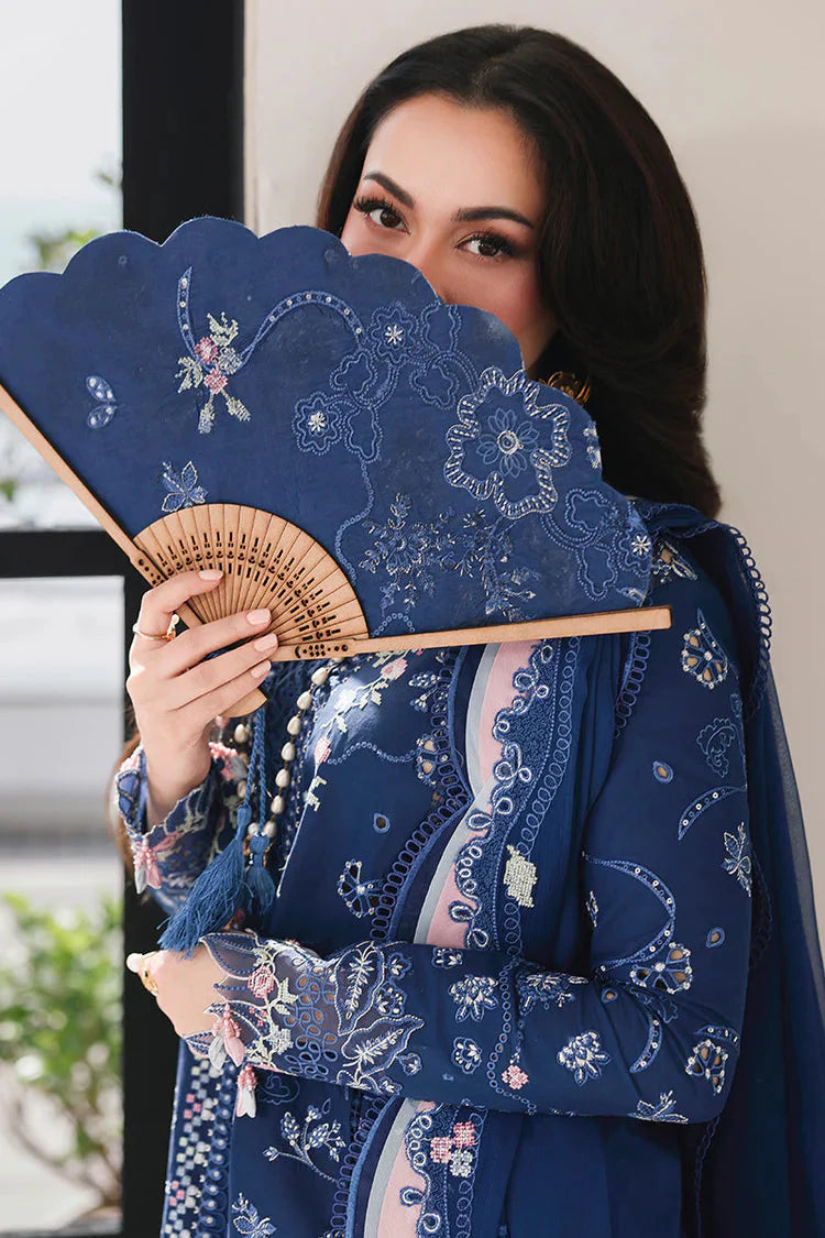 QALAMQAR-3PC LAWN CHIKAN EMBROIDERED SHIRT WITH KHAADI NET EMBROIDERED DUPATTA AND EMB TROUSER -4758 Asasay Fakhir