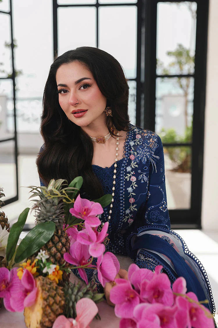 QALAMQAR-3PC LAWN CHIKAN EMBROIDERED SHIRT WITH KHAADI NET EMBROIDERED DUPATTA AND EMB TROUSER -4758 Asasay Fakhir