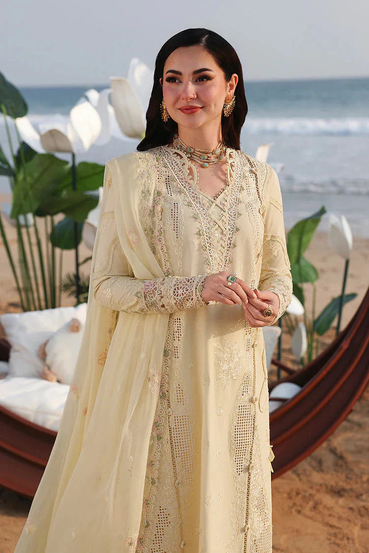 QALAMQAR-3PC LAWN LASERCUTWORK EMBROIDERED SHIRT WITH KHAADI NET EMBROIDERED DUPATTA AND TROUSER -BIC- Asasay Fakhir