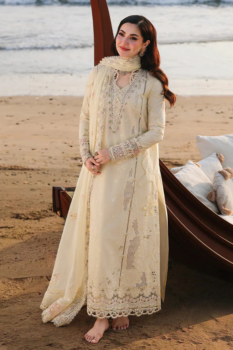 QALAMQAR-3PC LAWN LASERCUTWORK EMBROIDERED SHIRT WITH KHAADI NET EMBROIDERED DUPATTA AND TROUSER -BIC- Asasay Fakhir