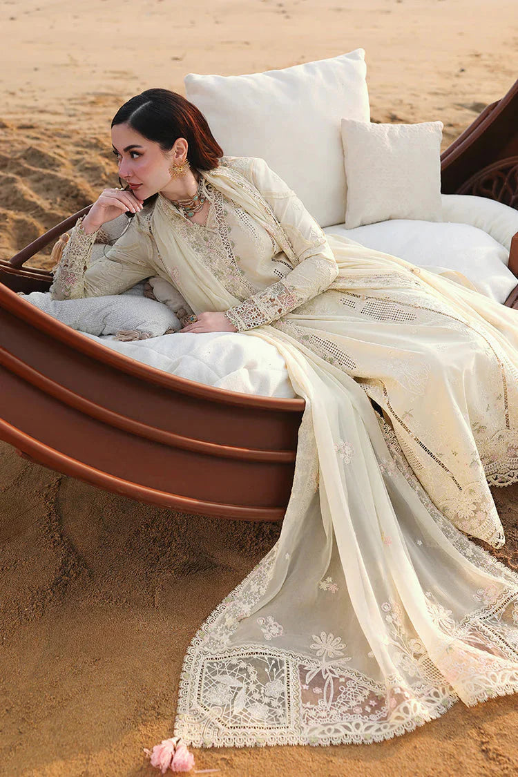 QALAMQAR-3PC LAWN LASERCUTWORK EMBROIDERED SHIRT WITH KHAADI NET EMBROIDERED DUPATTA AND TROUSER -BIC- Asasay Fakhir