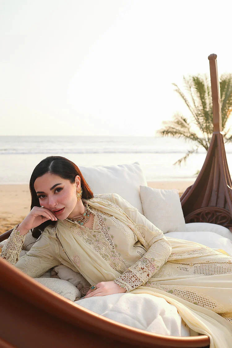 QALAMQAR-3PC LAWN LASERCUTWORK EMBROIDERED SHIRT WITH KHAADI NET EMBROIDERED DUPATTA AND TROUSER -BIC- Asasay Fakhir