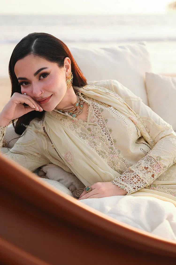 QALAMQAR-3PC LAWN LASERCUTWORK EMBROIDERED SHIRT WITH KHAADI NET EMBROIDERED DUPATTA AND TROUSER -BIC- Asasay Fakhir
