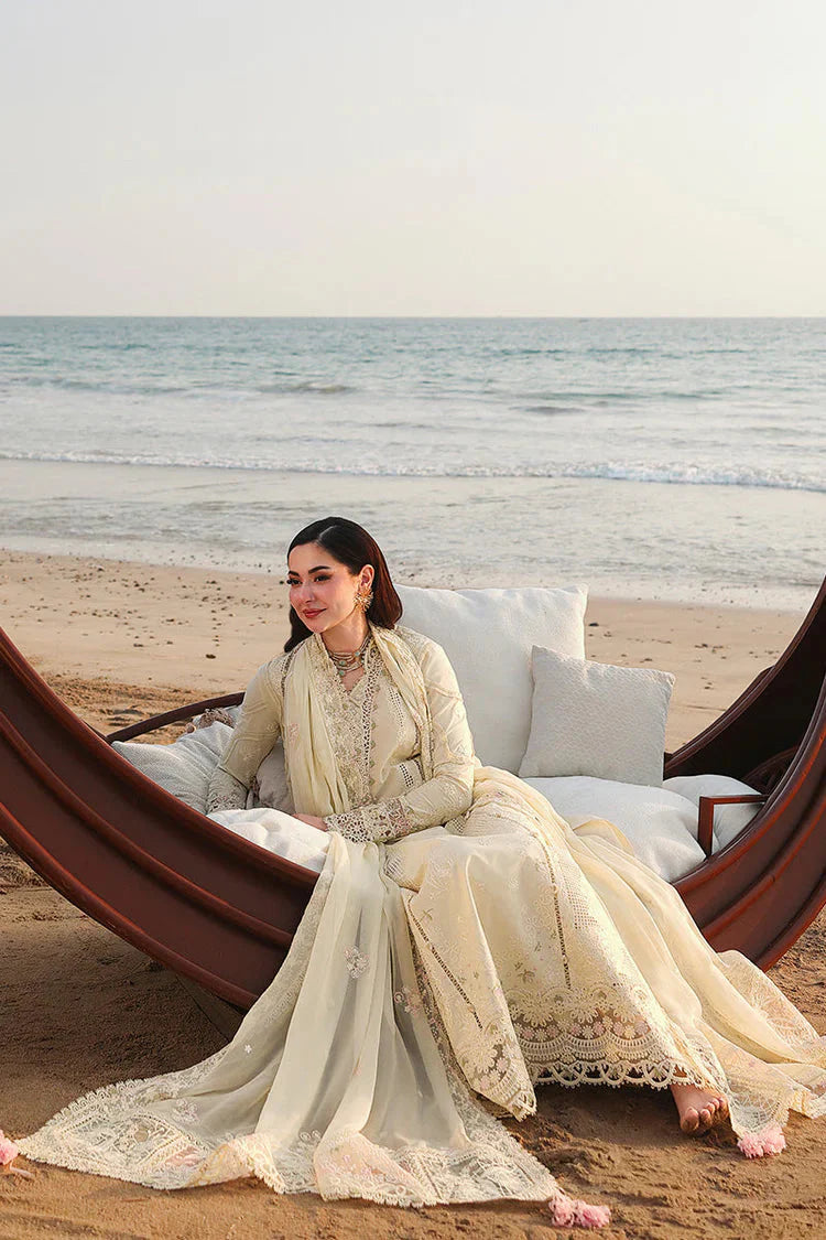 QALAMQAR-3PC LAWN LASERCUTWORK EMBROIDERED SHIRT WITH KHAADI NET EMBROIDERED DUPATTA AND TROUSER -BIC- Asasay Fakhir