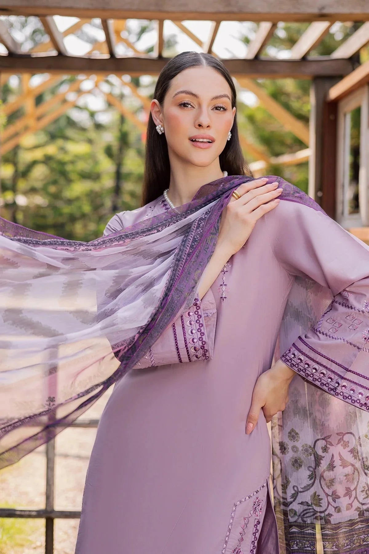 GARNET-3PIECE LAWN EMBROIDERED SHIRT WITH CHIFFON PRINTED DUPATTA AND TROUSER-BIC-4856 Asasay Fakhir