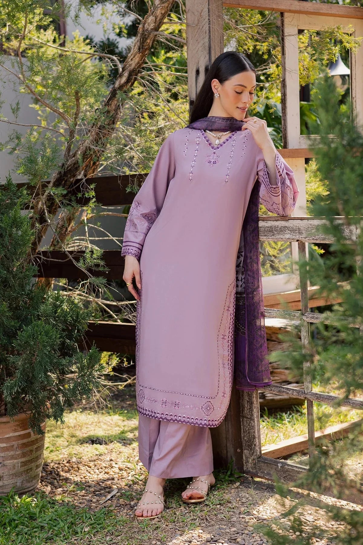 GARNET-3PIECE LAWN EMBROIDERED SHIRT WITH CHIFFON PRINTED DUPATTA AND TROUSER-BIC-4856 Asasay Fakhir