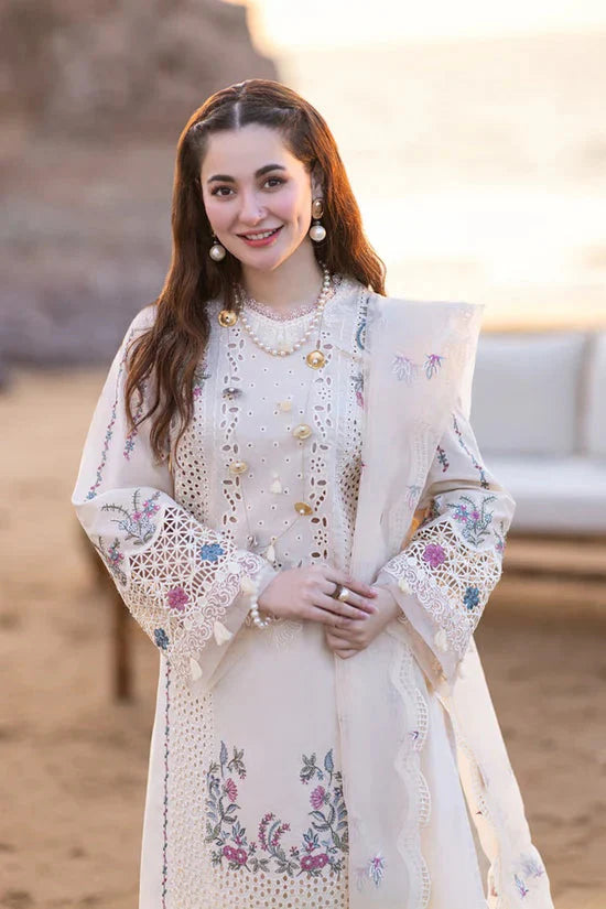 QALAMQAR-3PC CHIKANKARI LAWN EMBROIDERED WITH KHADDI NET EMBROIDERED DUPATTA & TROUSER -BIC-4521 Asasay Fakhir