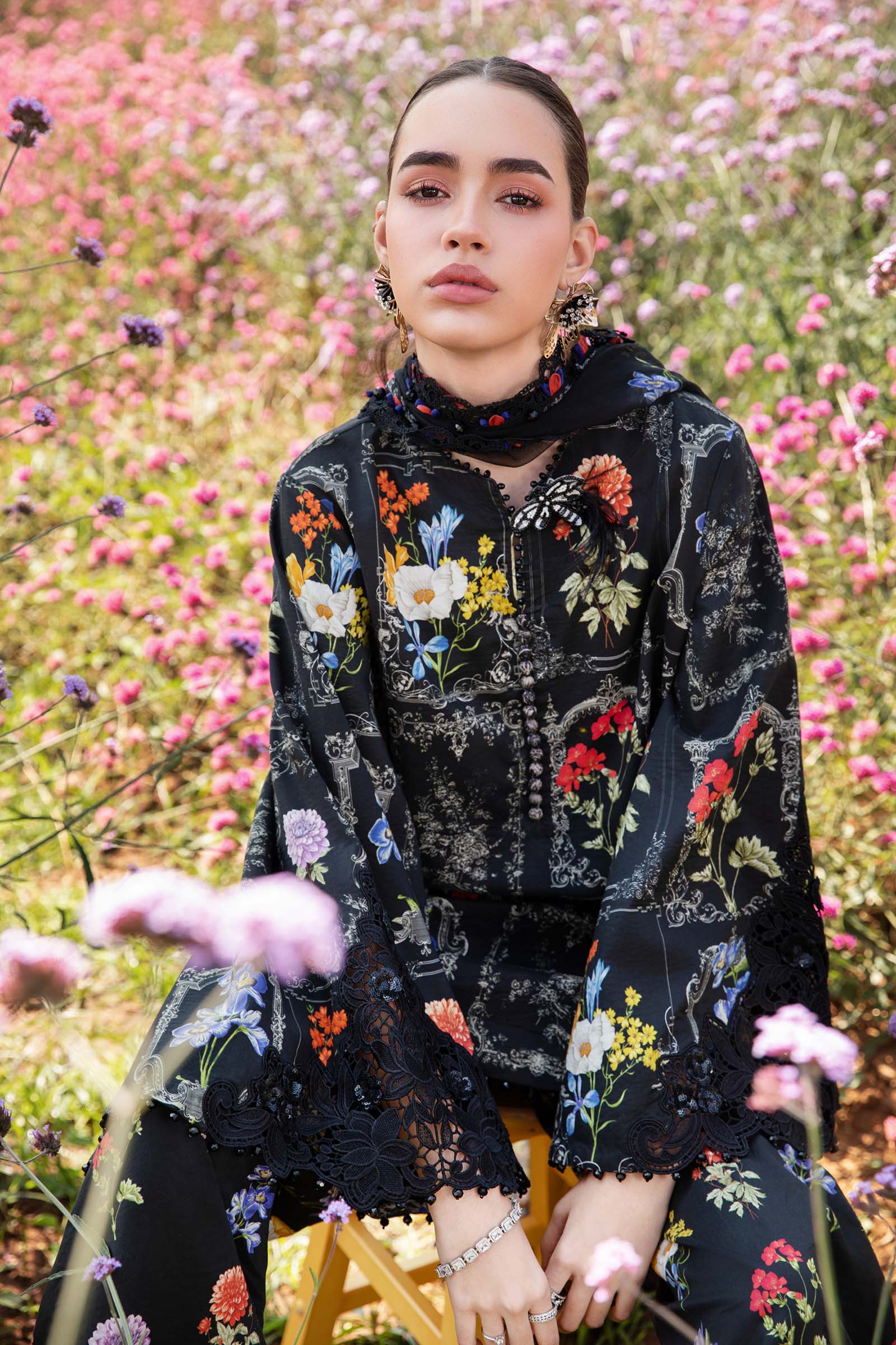 MARIA.B-3PC LAWN EMBROIDERED PRINTED SHIRT WITH CHIFFON PRINT DUPATTA AND PRINT TROUSER-BIC-2521 Asasay Fakhir