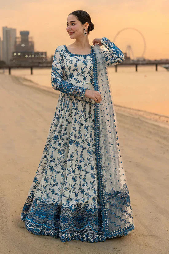 FAIZA SAQLAIN-FROCK 3PC LAWN EMBROIDERED SHIRT WITH NET EMBROIDERED DUPATTA AND TROUSER-4847 Asasay Fakhir