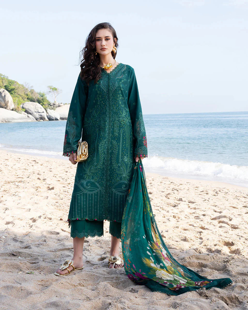 JADE-3PC LAWN CHIKAN EMBROIDERED SHIRT WITH CHIFFON PRINTED DUPATTA AND TROUSER-BIC-4877 Asasay Fakhir