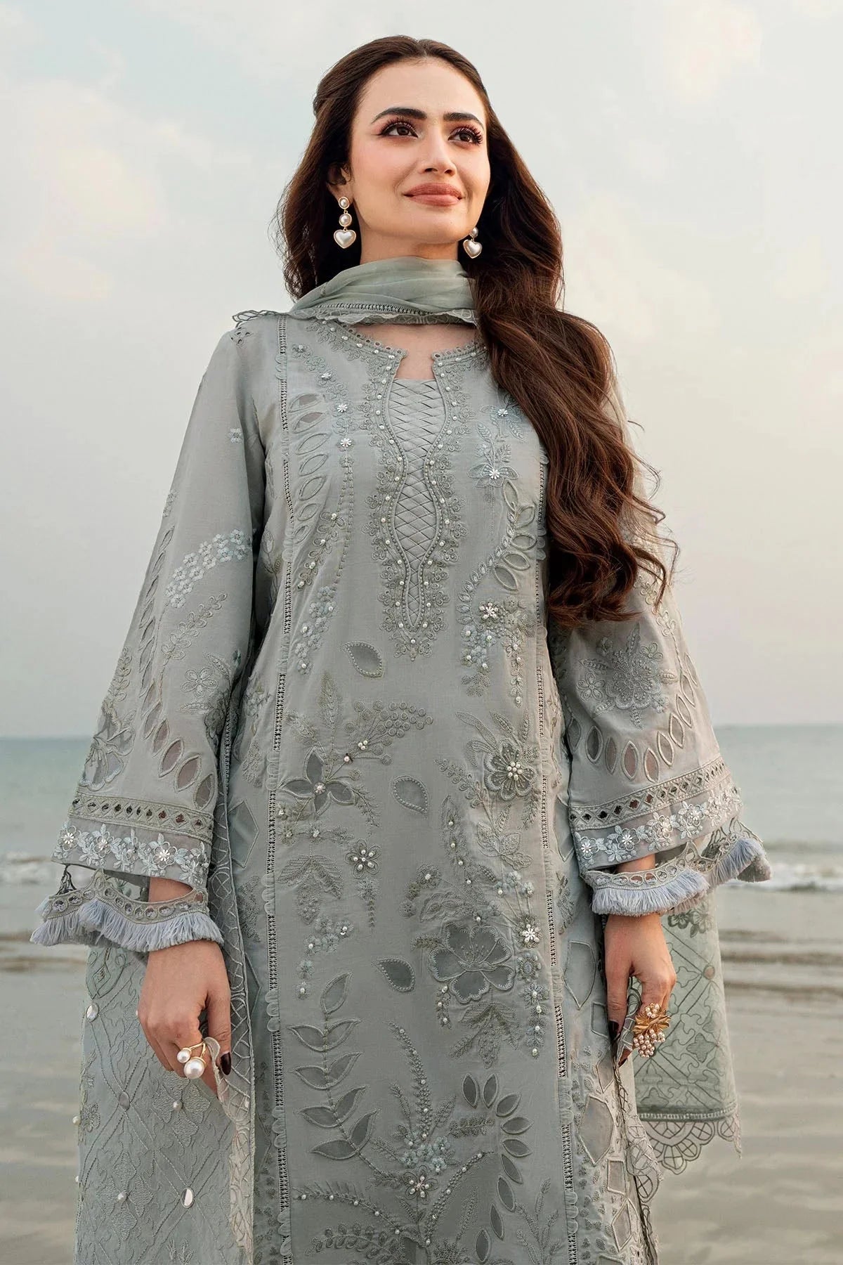 NUREH-3PC LAWN LASER WORK EMBROIDERED SHIRT WITH KHADDI NET EMBROIDERED DUPATTA & TROUSER-BIC-4746 Asasay Fakhir