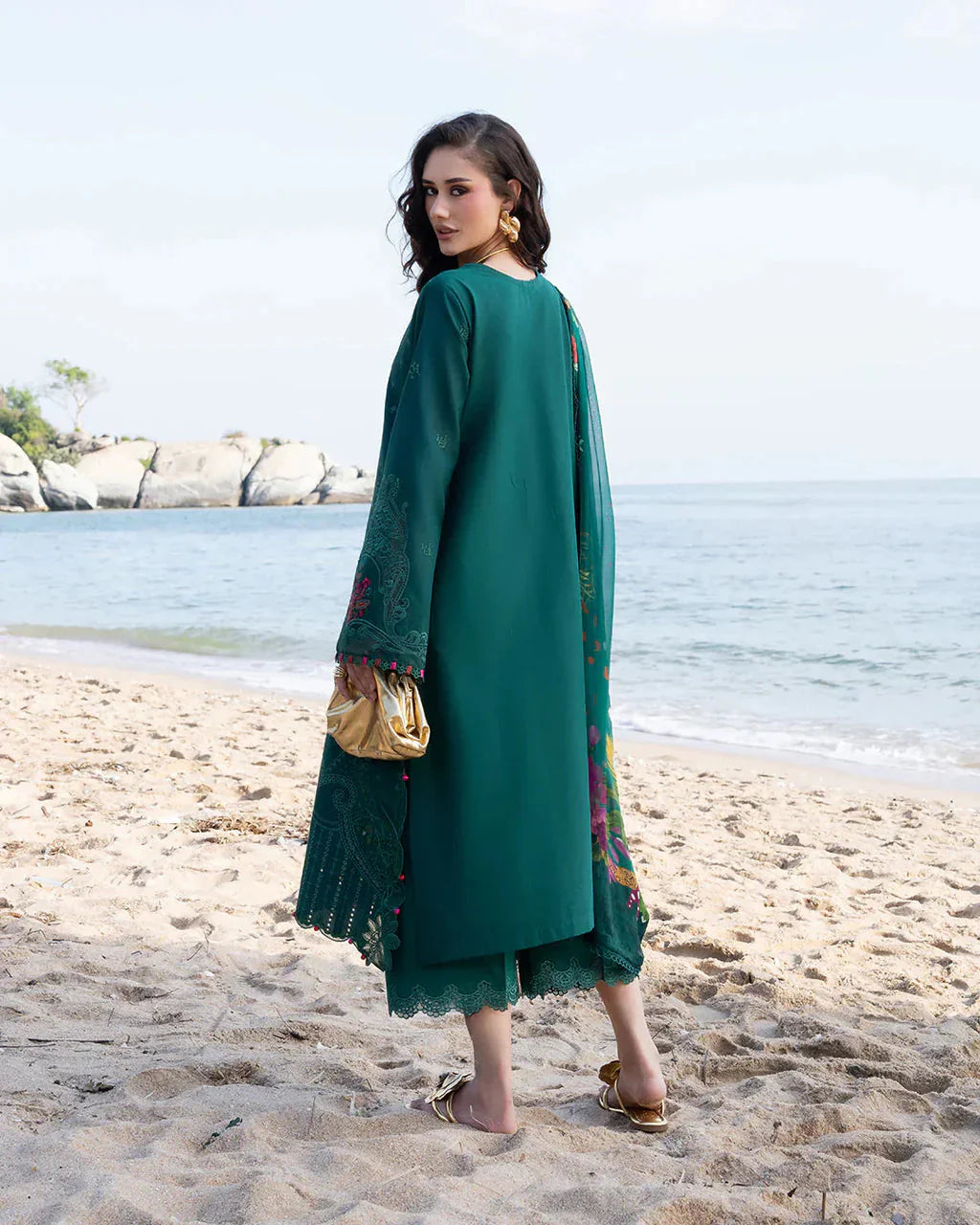 JADE-3PC LAWN CHIKAN EMBROIDERED SHIRT WITH CHIFFON PRINTED DUPATTA AND TROUSER-BIC-4877 Asasay Fakhir