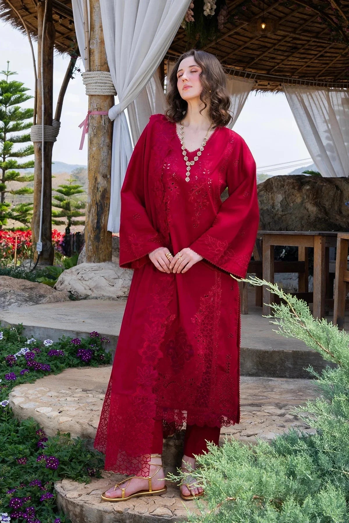 GARNET-3PC LAWN CHIKANKARI EMBROIDERED SHIRT WITH KHADDI NET EMB DUPATTA AND TROUSER-BIC-4843 Asasay Fakhir