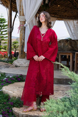 GARNET-3PC LAWN CHIKANKARI EMBROIDERED SHIRT WITH KHADDI NET EMB DUPATTA AND TROUSER-BIC-4843 Asasay Fakhir