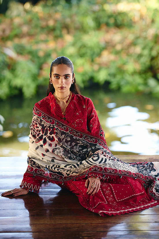 SUFFUSE-3PC LAWN EMBROIDERED SHIRT WITH CHIFFON PRINT DUPATTA AND EMB TROUSER-BIC-4810 Asasay Fakhir