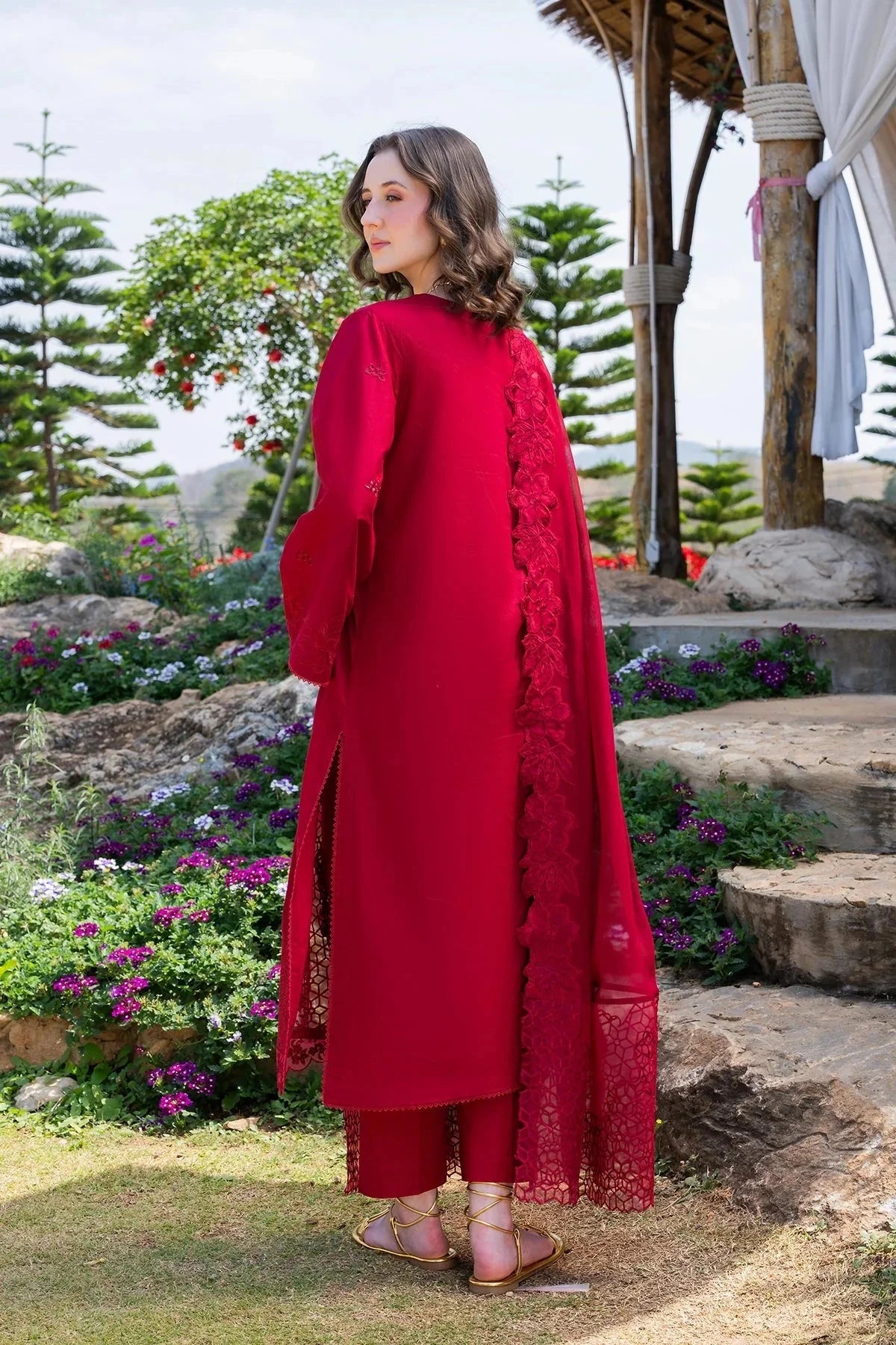 GARNET-3PC LAWN CHIKANKARI EMBROIDERED SHIRT WITH KHADDI NET EMB DUPATTA AND TROUSER-BIC-4843 Asasay Fakhir