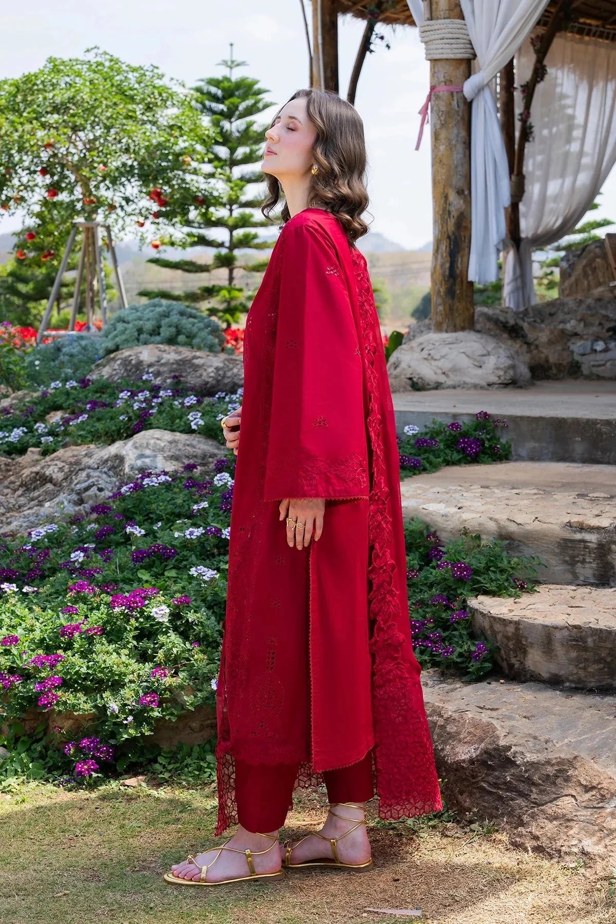 GARNET-3PC LAWN CHIKANKARI EMBROIDERED SHIRT WITH KHADDI NET EMB DUPATTA AND TROUSER-BIC-4843 Asasay Fakhir