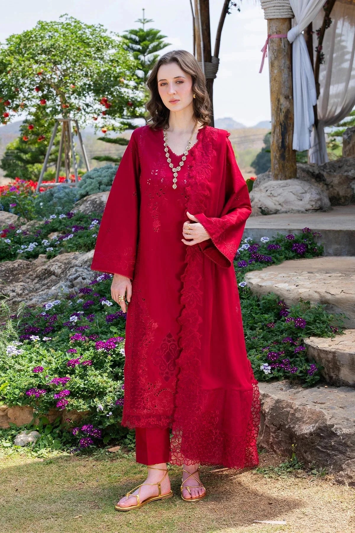 GARNET-3PC LAWN CHIKANKARI EMBROIDERED SHIRT WITH KHADDI NET EMB DUPATTA AND TROUSER-BIC-4843 Asasay Fakhir