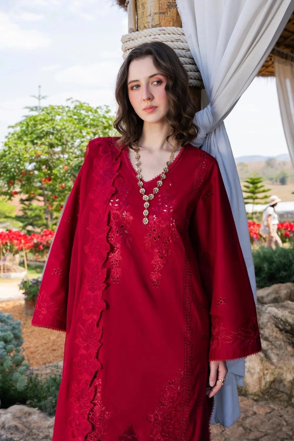 GARNET-3PC LAWN CHIKANKARI EMBROIDERED SHIRT WITH KHADDI NET EMB DUPATTA AND TROUSER-BIC-4843 Asasay Fakhir