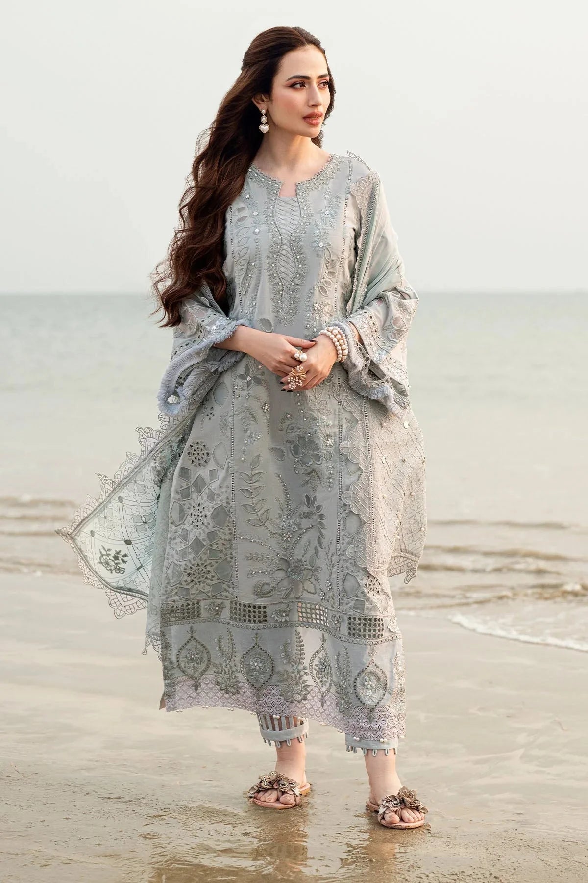 NUREH-3PC LAWN LASER WORK EMBROIDERED SHIRT WITH KHADDI NET EMBROIDERED DUPATTA & TROUSER-BIC-4746 Asasay Fakhir