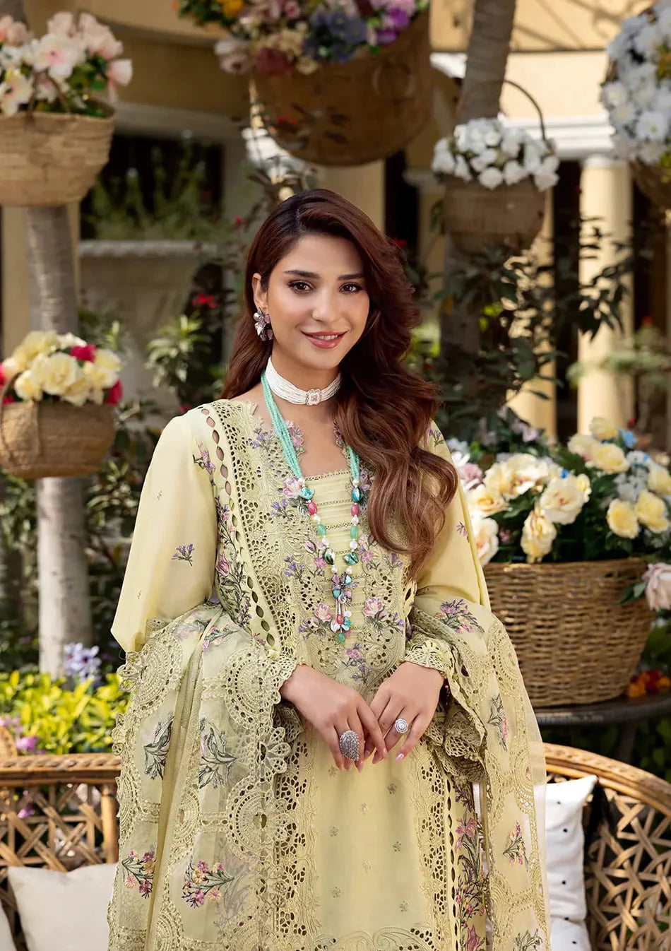ELAF-3PC LAWN CHIKANKARI EMBROIDERED SHIRT WITH KHAADI NET EMB DUPATTA AND EMB TROUSER-BIC-4601 Asasay Fakhir