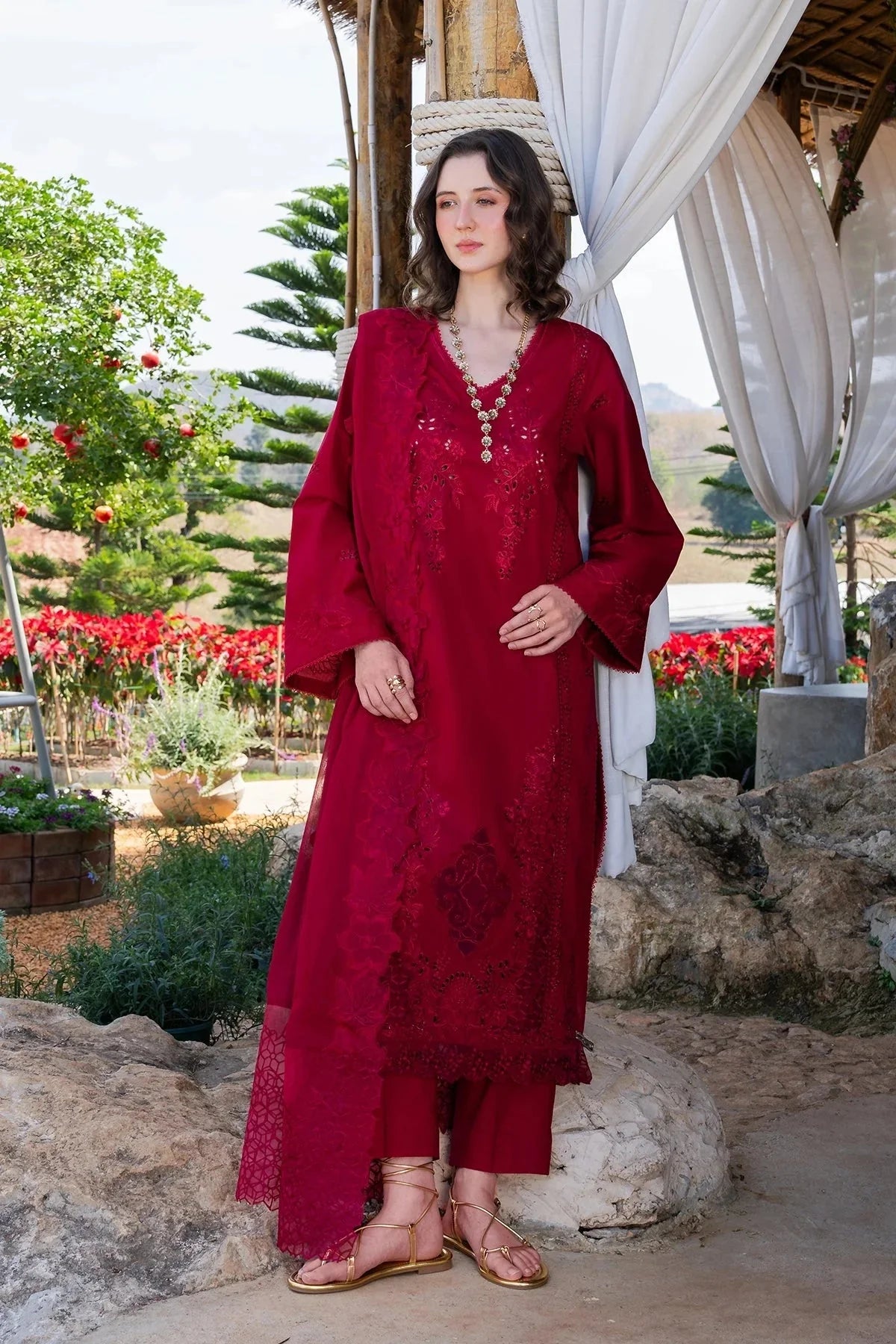 GARNET-3PC LAWN CHIKANKARI EMBROIDERED SHIRT WITH KHADDI NET EMB DUPATTA AND TROUSER-BIC-4843 Asasay Fakhir