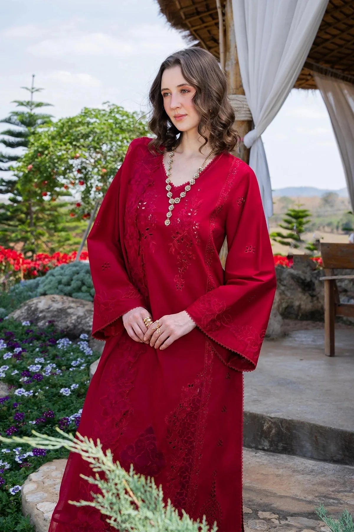 GARNET-3PC LAWN CHIKANKARI EMBROIDERED SHIRT WITH KHADDI NET EMB DUPATTA AND TROUSER-BIC-4843 Asasay Fakhir