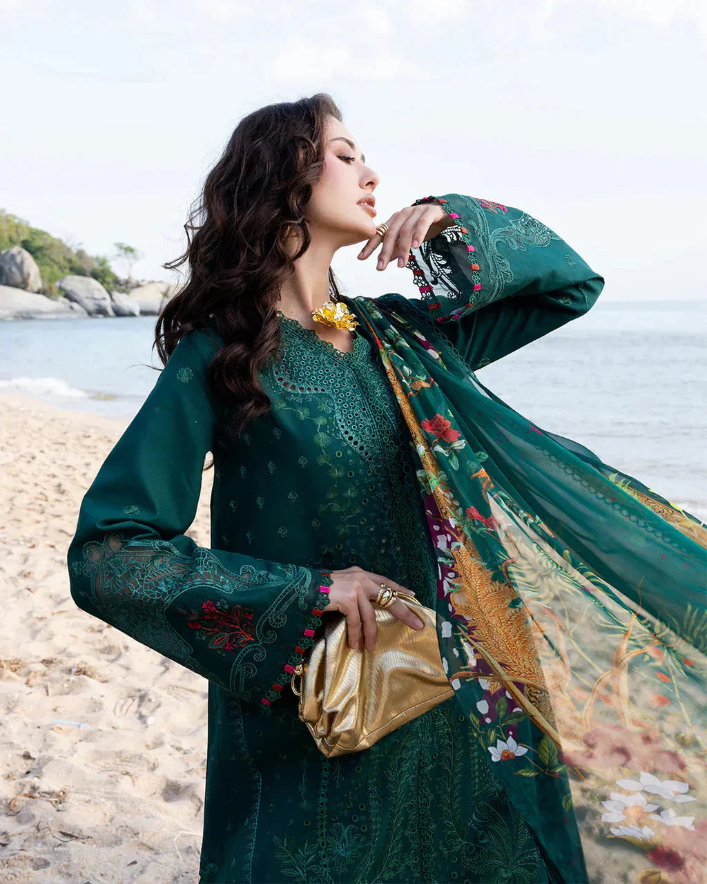 JADE-3PC LAWN CHIKAN EMBROIDERED SHIRT WITH CHIFFON PRINTED DUPATTA AND TROUSER-BIC-4877 Asasay Fakhir