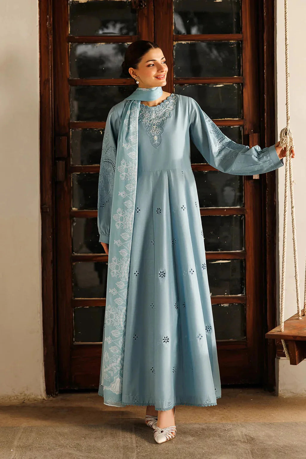 IZNIK-3PC LAWN CHIKANKAARI EMB FROCK WITH CHIFFON PRINTED DUPATTA & DYED TROUSER-BIC-4887 Asasay Fakhir