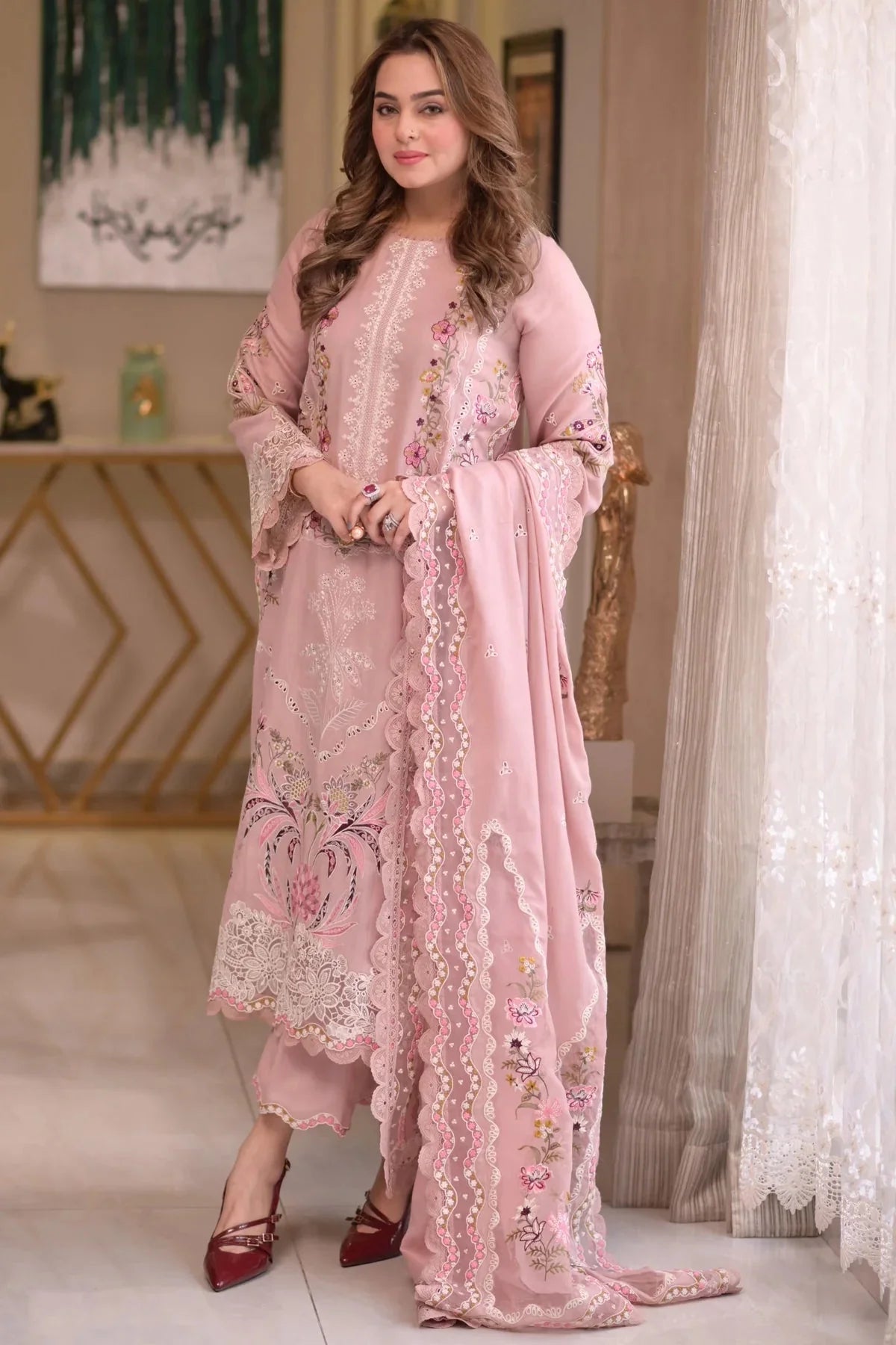 ANEELAS-3PC LAWN CHIKAN EMBROIDERED SHIRT WITH LAWN EMB DUPATTA AND TROUSER-BIC-4667 Asasay Fakhir