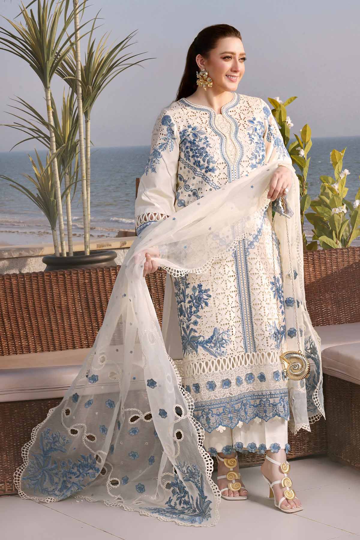 ANEELAS-3PC LAWN EMBROIDERED SHIRT WITH ORGANZA EMBROIDERED DUPATTA AND TROUSER-BIC-4828 Asasay Fakhir