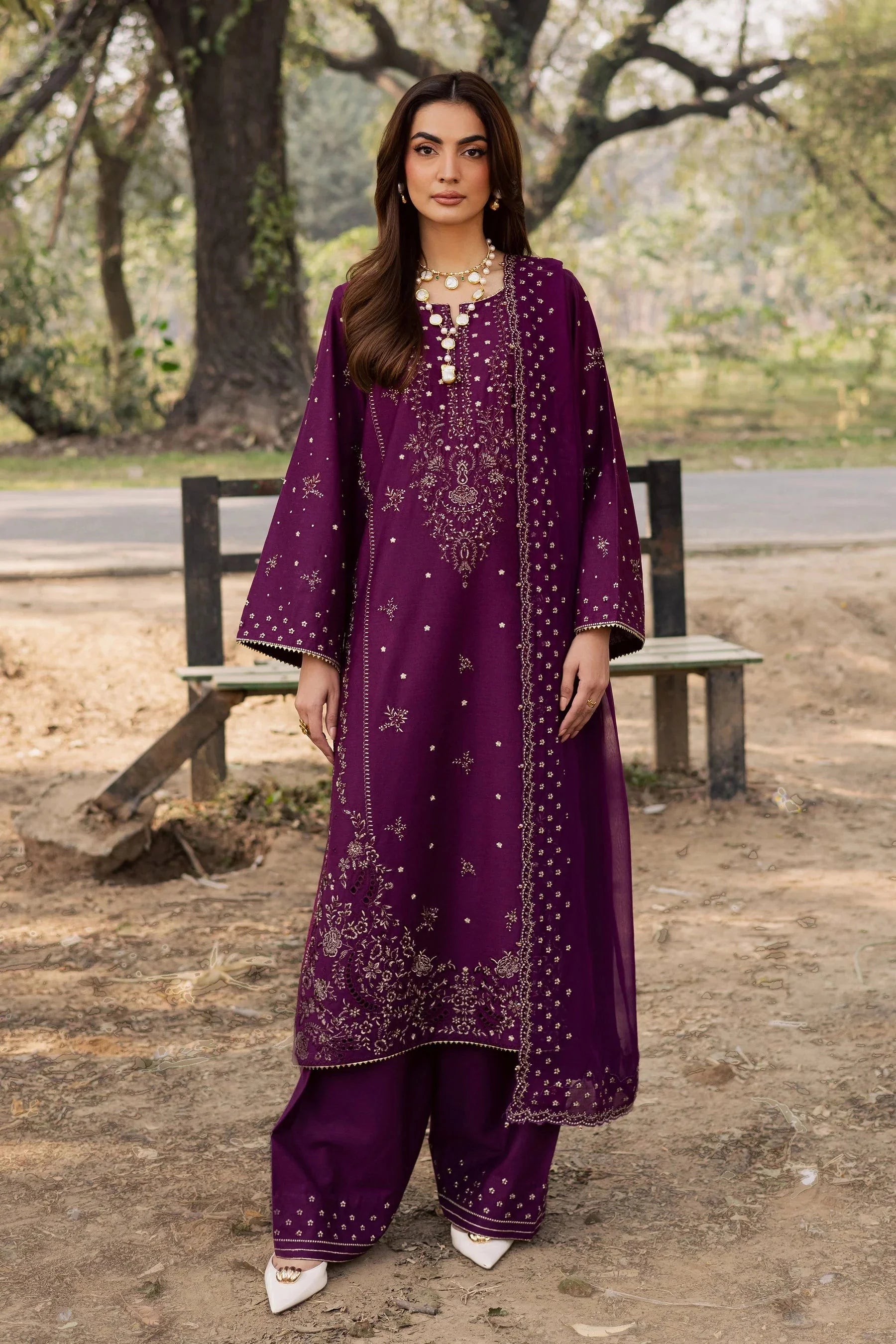 Lawn Embroidered Shirt Lawn Embroidered Sleeves Chiffon Embroidered Dupatta Dyed Lawn Back Side Lawn Embroidered Trouser Unstitched 3Piece Dress Asasay Fakhir