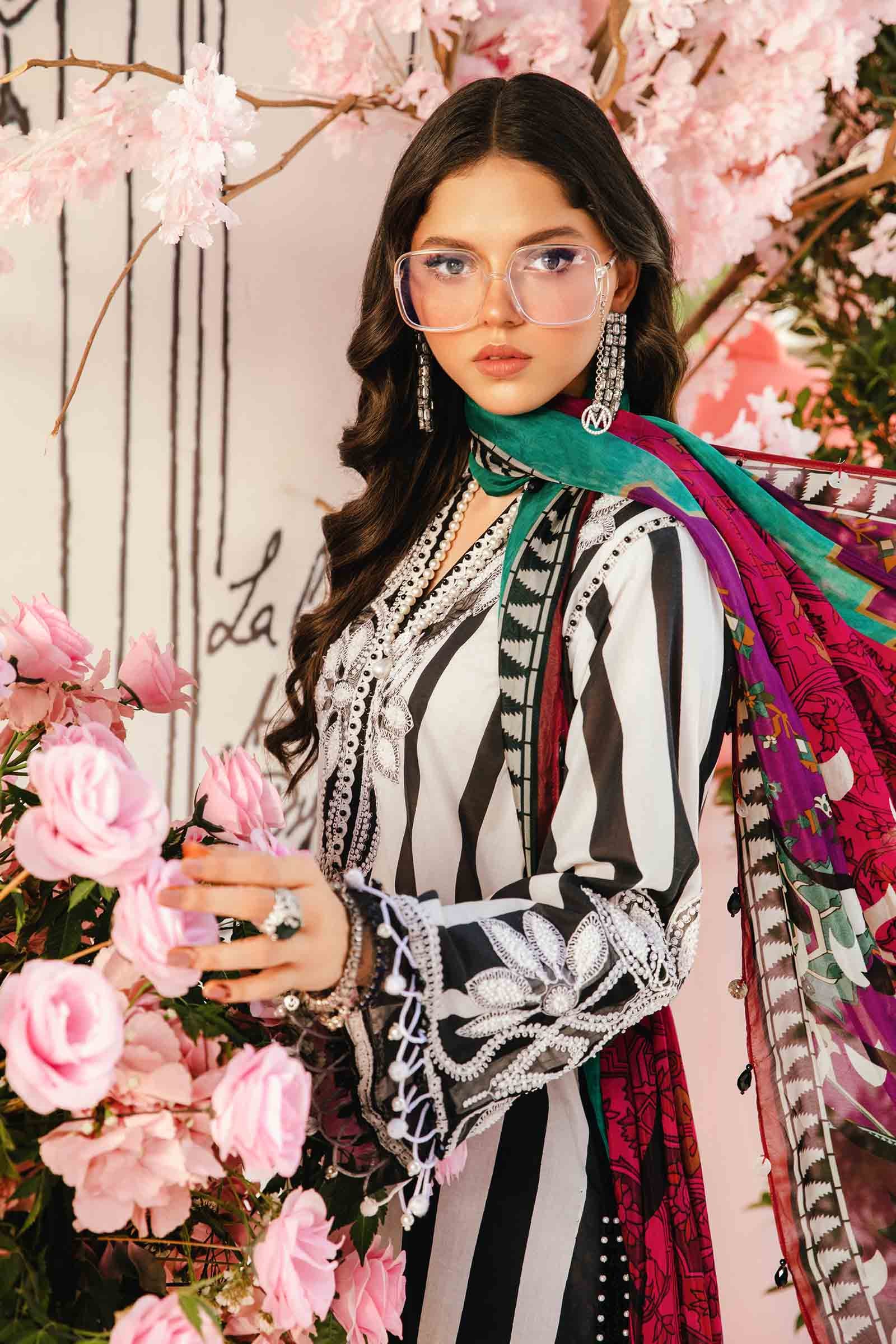 MARIA.B-3PC LAWN EMBROIDERED PRINTED SHIRT WITH CHIFFON PRINT DUPATTA AND PRINT TROUSER-BIC-2525 Asasay Fakhir