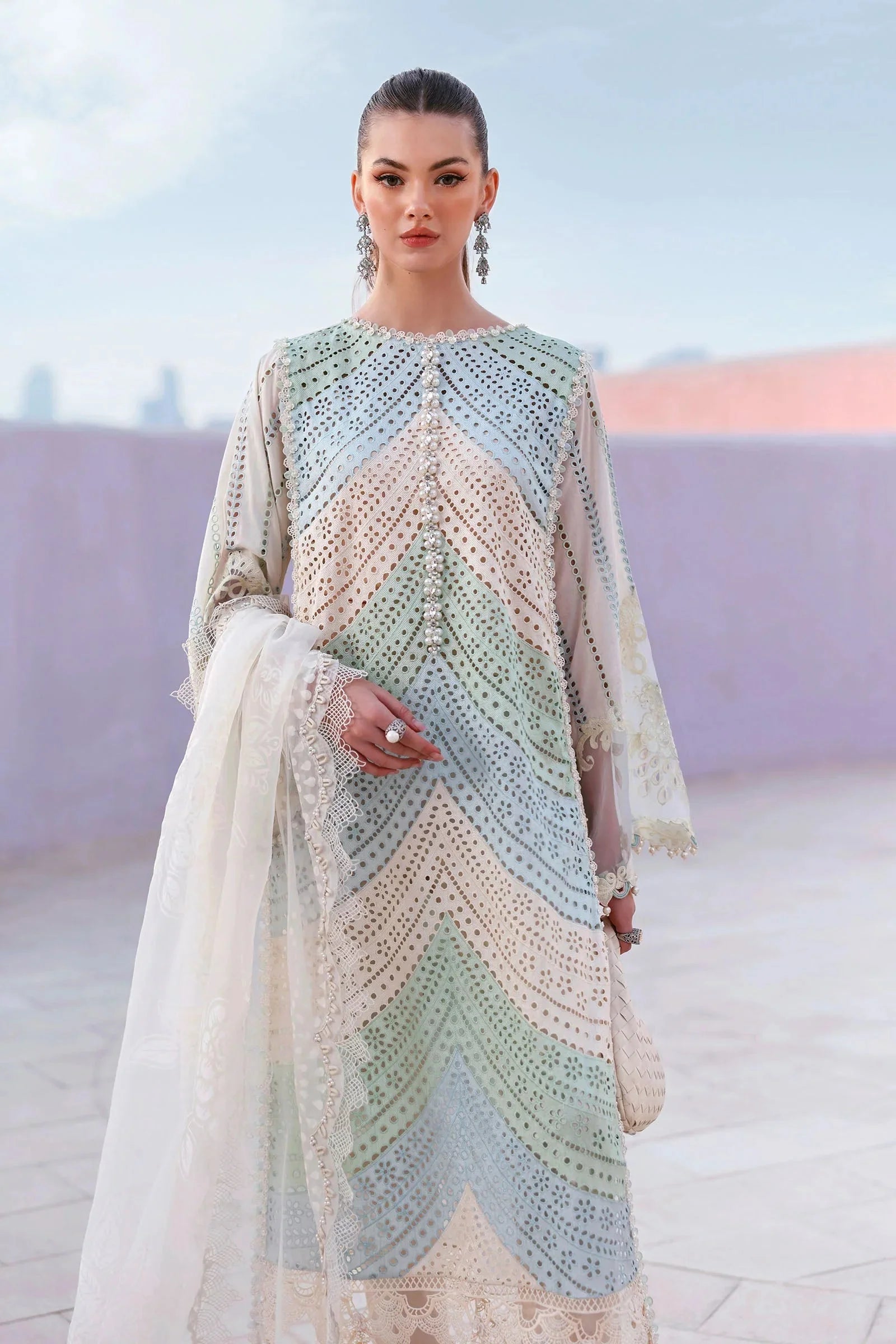 MARIA B-3PC LAWN MULTIPLE SHADES CHIKAN EMBROIDERED SHIRT WITH SELF JACQUARD EMBROIDERED DUPATTA AND EMB TROUSER-BIC-4836 Asasay Fakhir