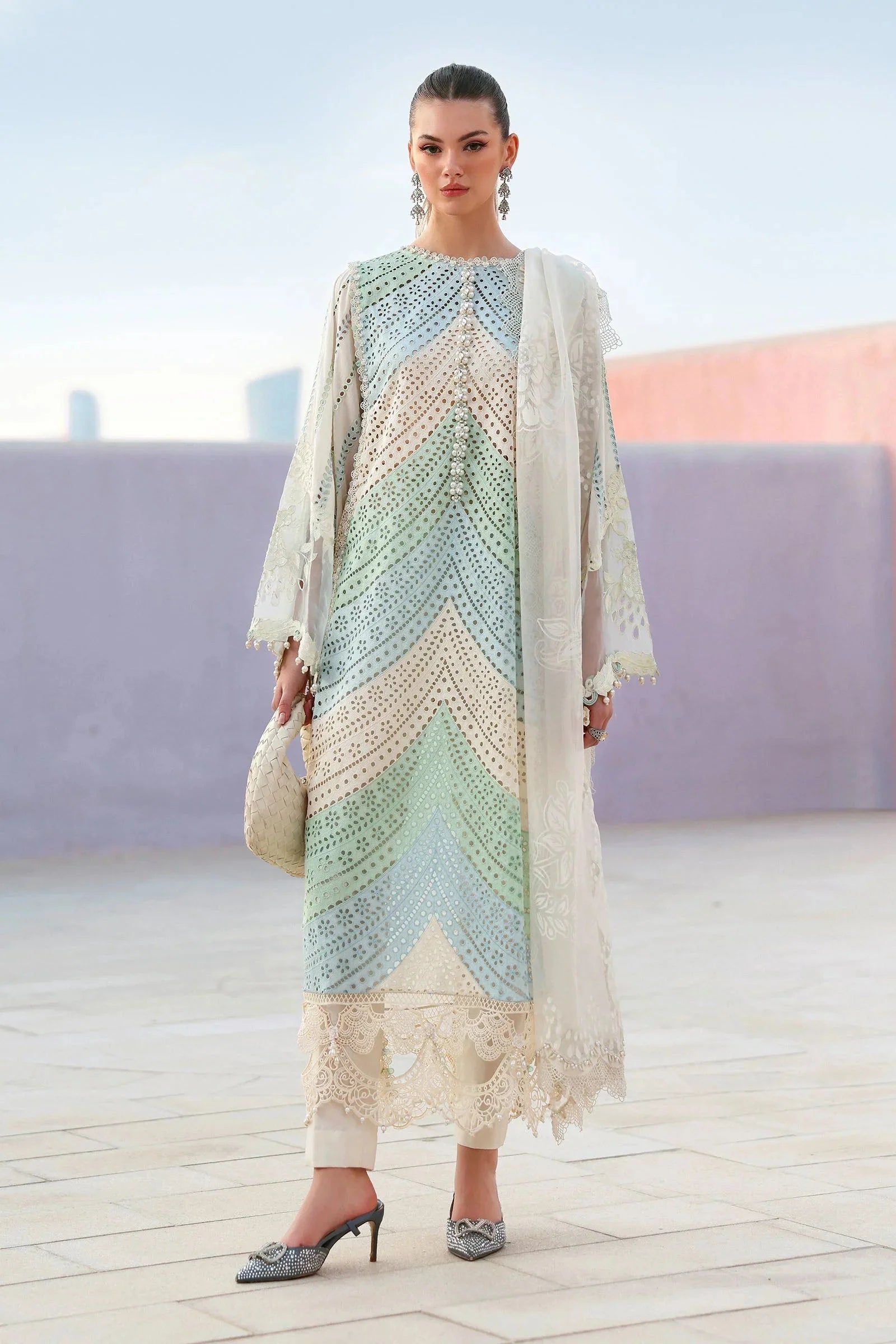 MARIA B-3PC LAWN MULTIPLE SHADES CHIKAN EMBROIDERED SHIRT WITH SELF JACQUARD EMBROIDERED DUPATTA AND EMB TROUSER-BIC-4836 Asasay Fakhir
