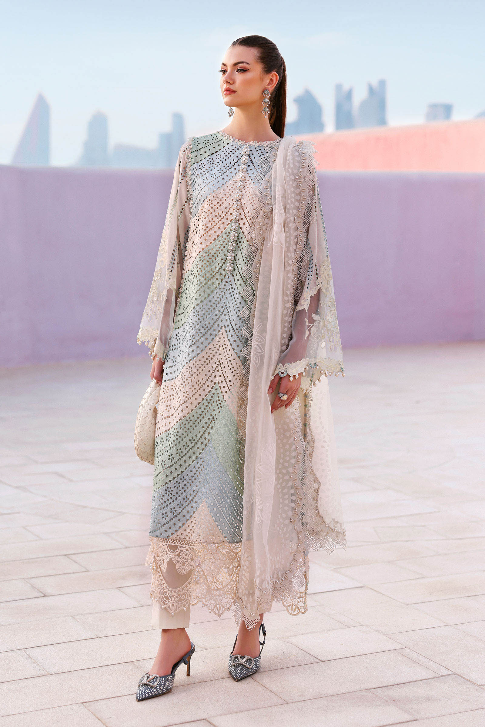 MARIA B-3PC LAWN MULTIPLE SHADES CHIKAN EMBROIDERED SHIRT WITH SELF JACQUARD EMBROIDERED DUPATTA AND EMB TROUSER-BIC-4836 Asasay Fakhir