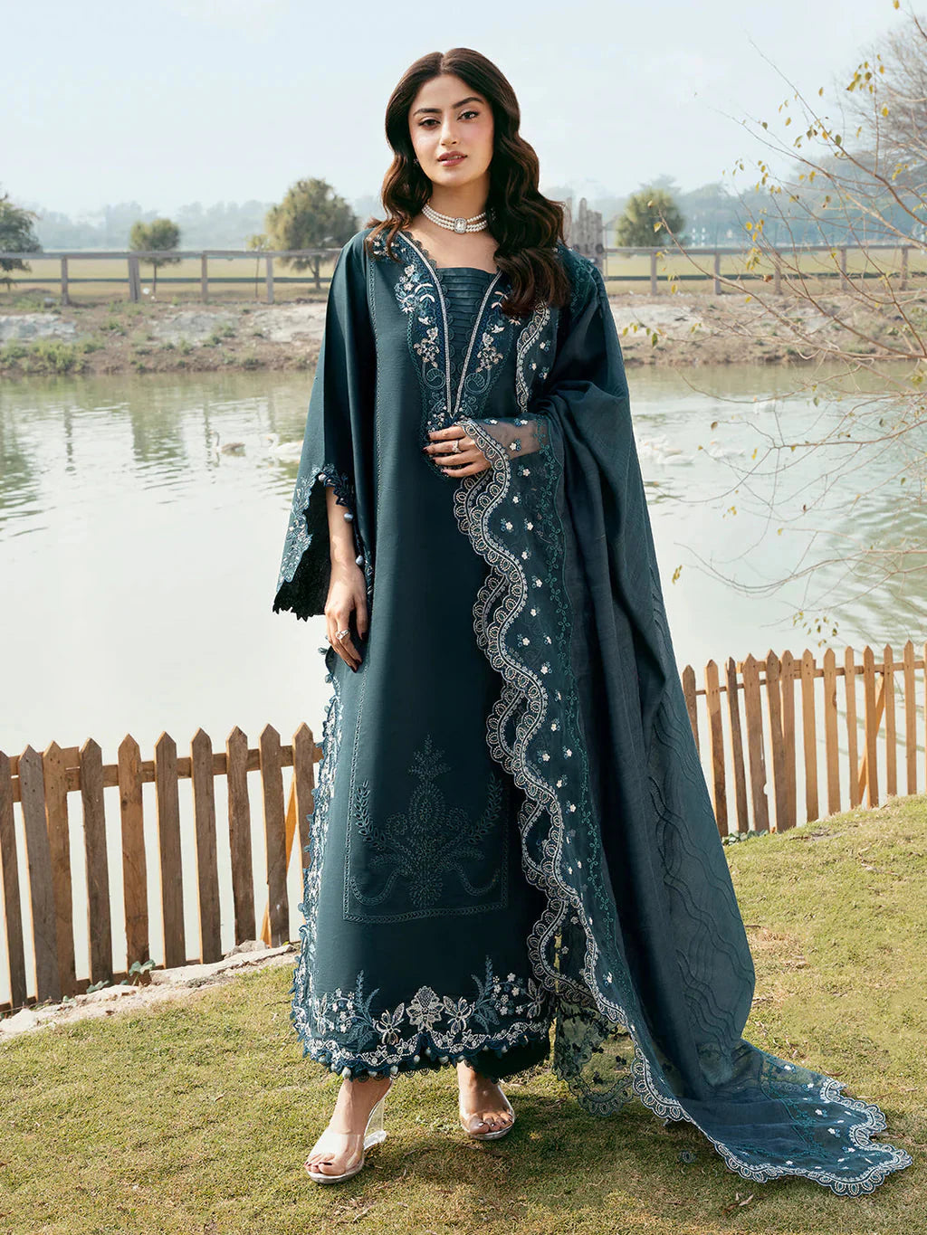 IZEL-3PC LAWN EMBROIDERED SHIRT WITH KHAADI NET EMBROIDERED DUPATTA AND TROUSER-BIC-4822 Asasay Fakhir