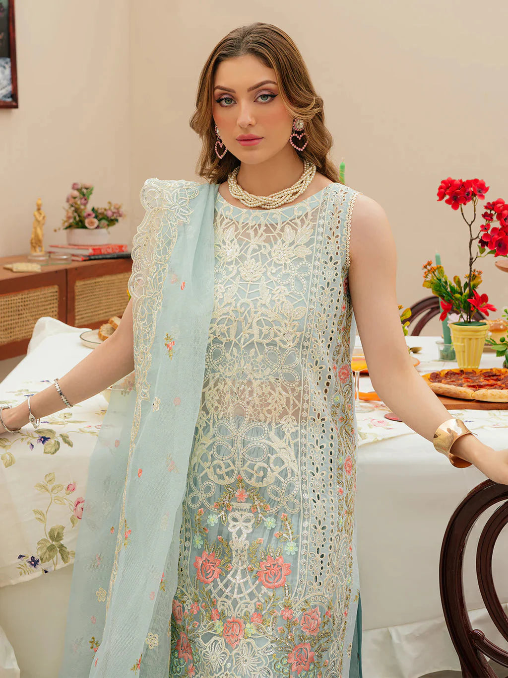 MAHNUR-3PC LAWN CHIKANKAARI EMBROIDERED SHIRT WITH KHAADI NET EMBROIDERED DUPATTA AND TROUSER -BIC-4749 Asasay Fakhir