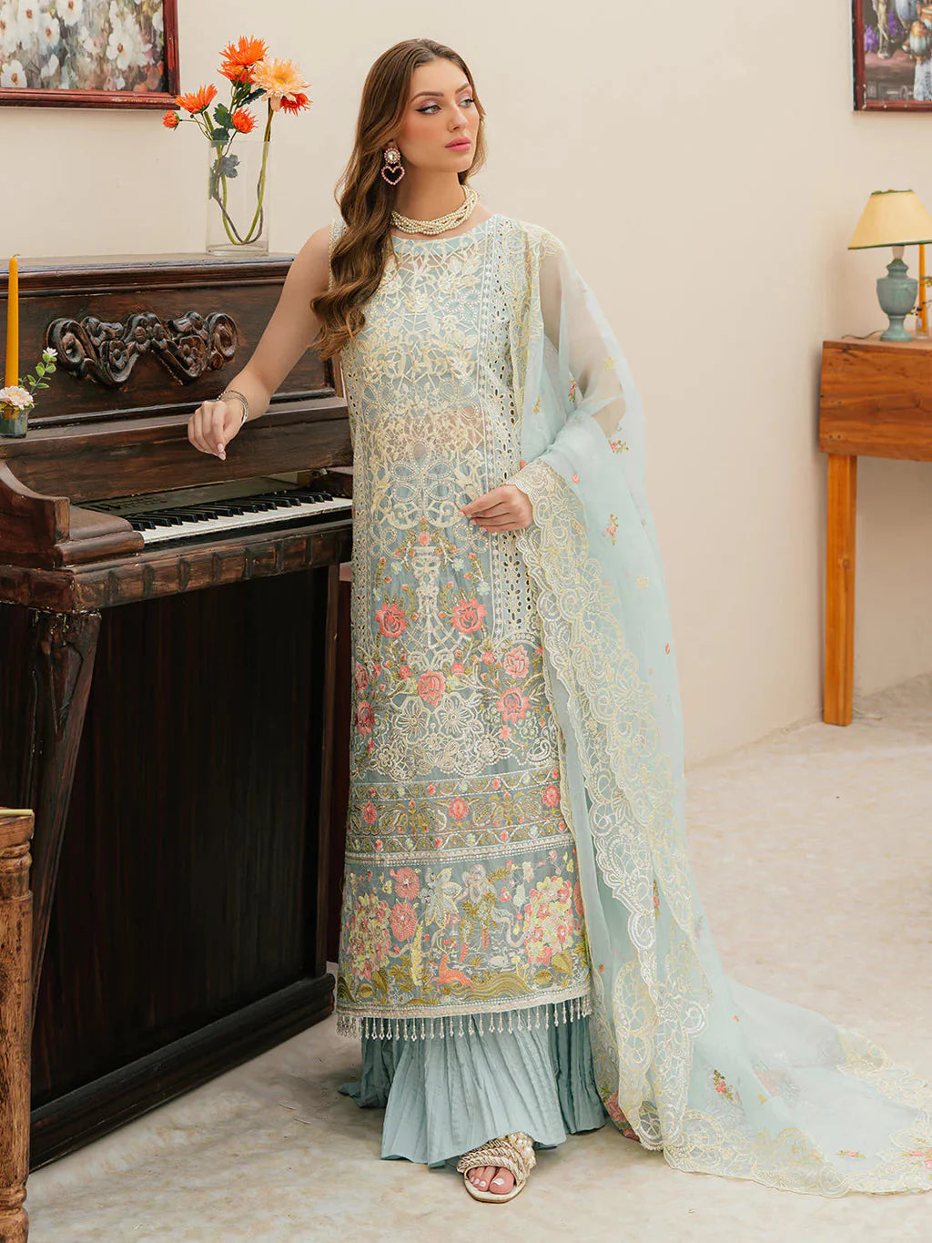 MAHNUR-3PC LAWN CHIKANKAARI EMBROIDERED SHIRT WITH KHAADI NET EMBROIDERED DUPATTA AND TROUSER -BIC-4749 Asasay Fakhir
