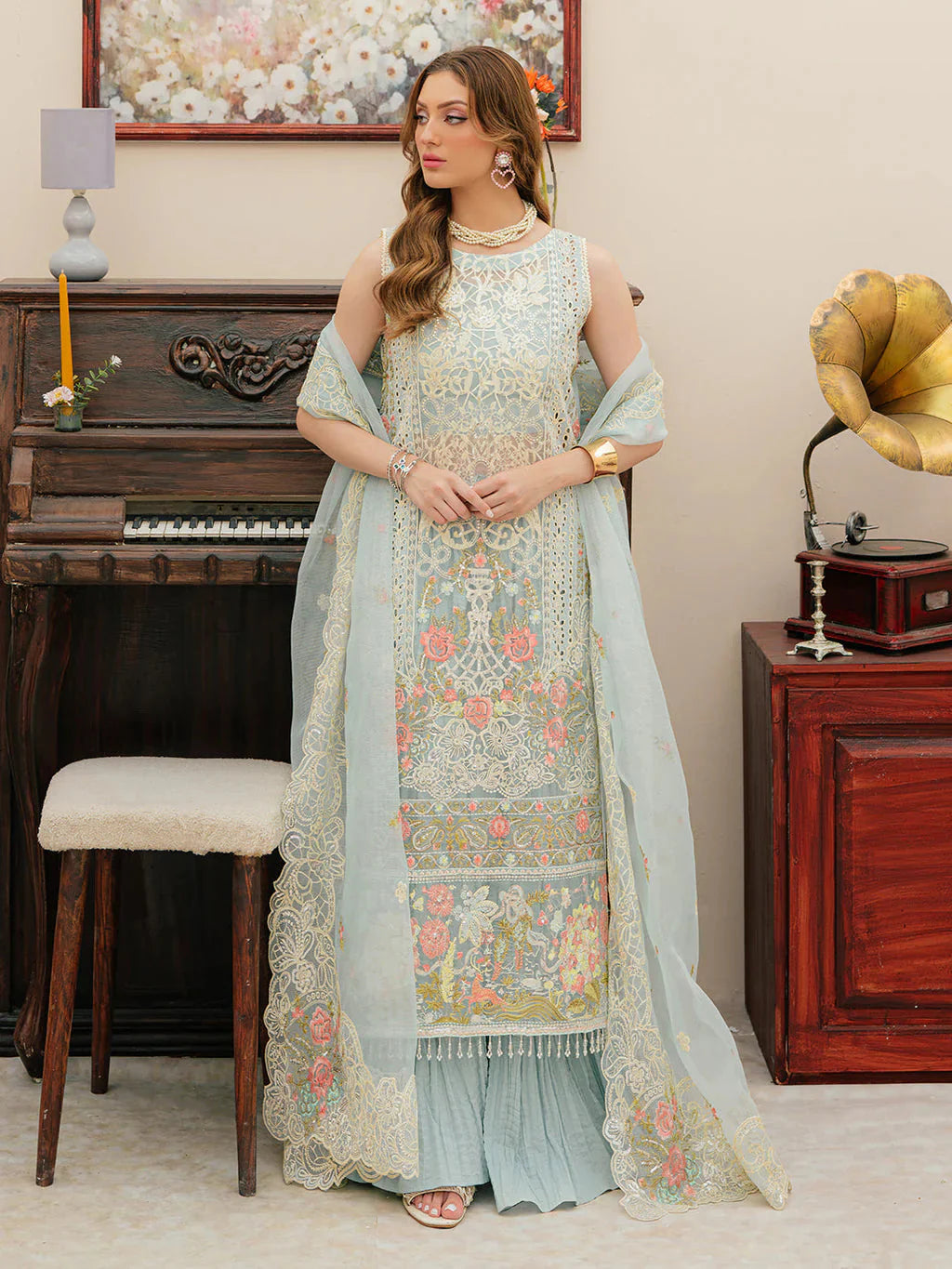 MAHNUR-3PC LAWN CHIKANKAARI EMBROIDERED SHIRT WITH KHAADI NET EMBROIDERED DUPATTA AND TROUSER -BIC-4749 Asasay Fakhir
