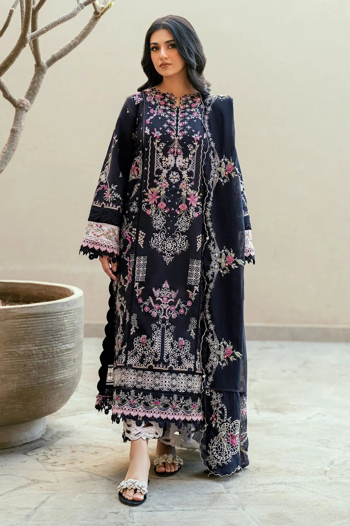 FLORENT-3PC LAWN EMBROIDERED SHIRT WITH KHADDI NET EMBROIDERED DUPATTA & TROUSER-BIC-4826 Asasay Fakhir