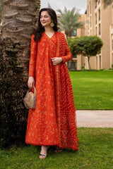 FAIZA SAQLAIN-FROCK 3PC LAWN EMBROIDERED SHIRT WITH CHUNRI PRINTED EMBROIDERED DUPATTA AND TROUSER-4866 Asasay Fakhir