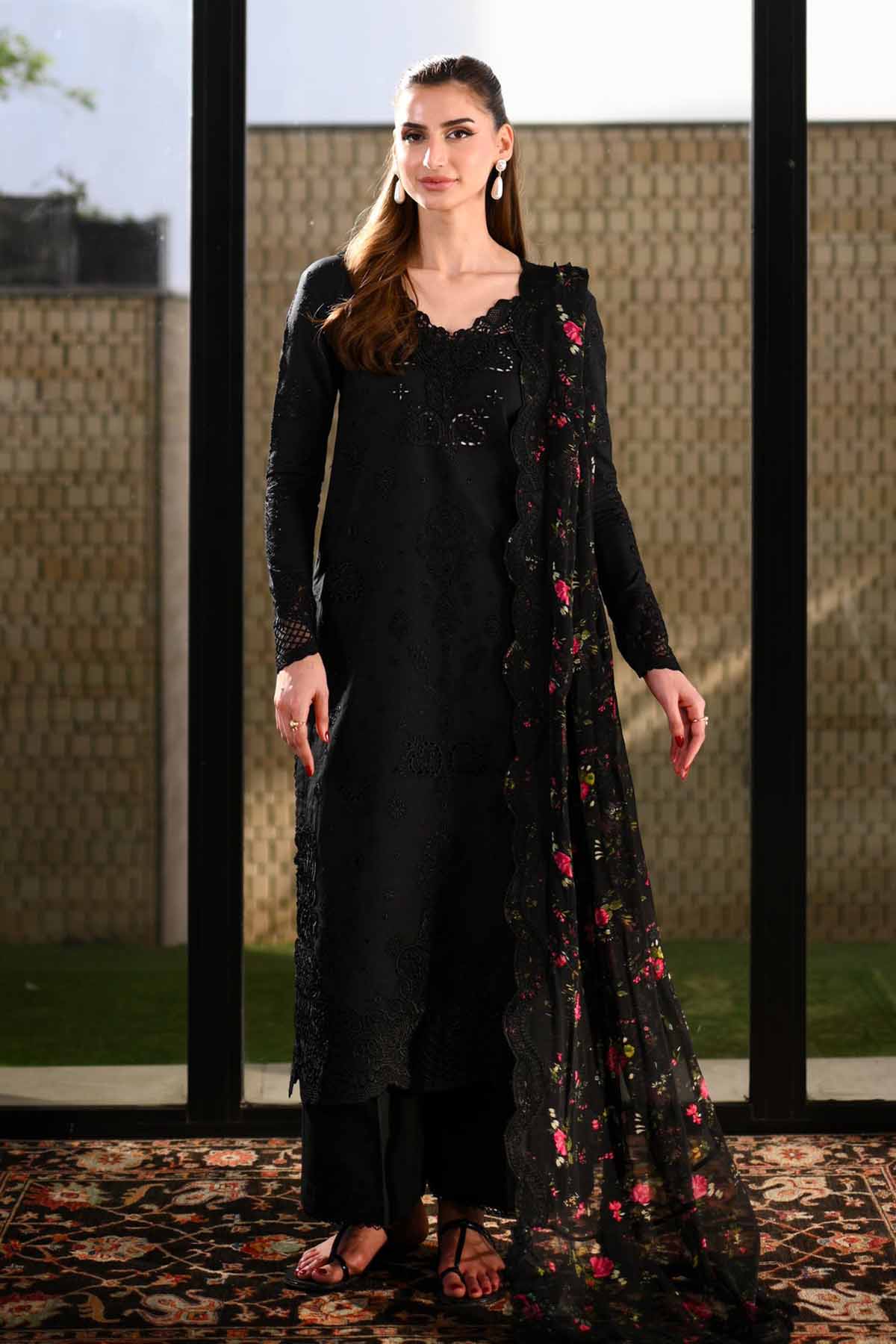 ZAIB-3PC LAWN CHIKANKARI EMBROIDERED SHIRT WITH MONARK PRINTED EMB DUPATTA AND TROUSER-BIC-4874 Asasay Fakhir