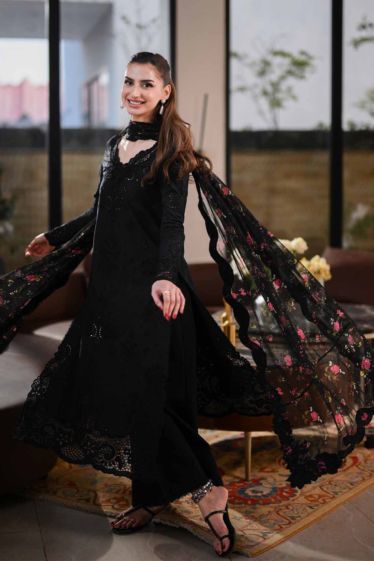 ZAIB-3PC LAWN CHIKANKARI EMBROIDERED SHIRT WITH MONARK PRINTED EMB DUPATTA AND TROUSER-BIC-4874 Asasay Fakhir