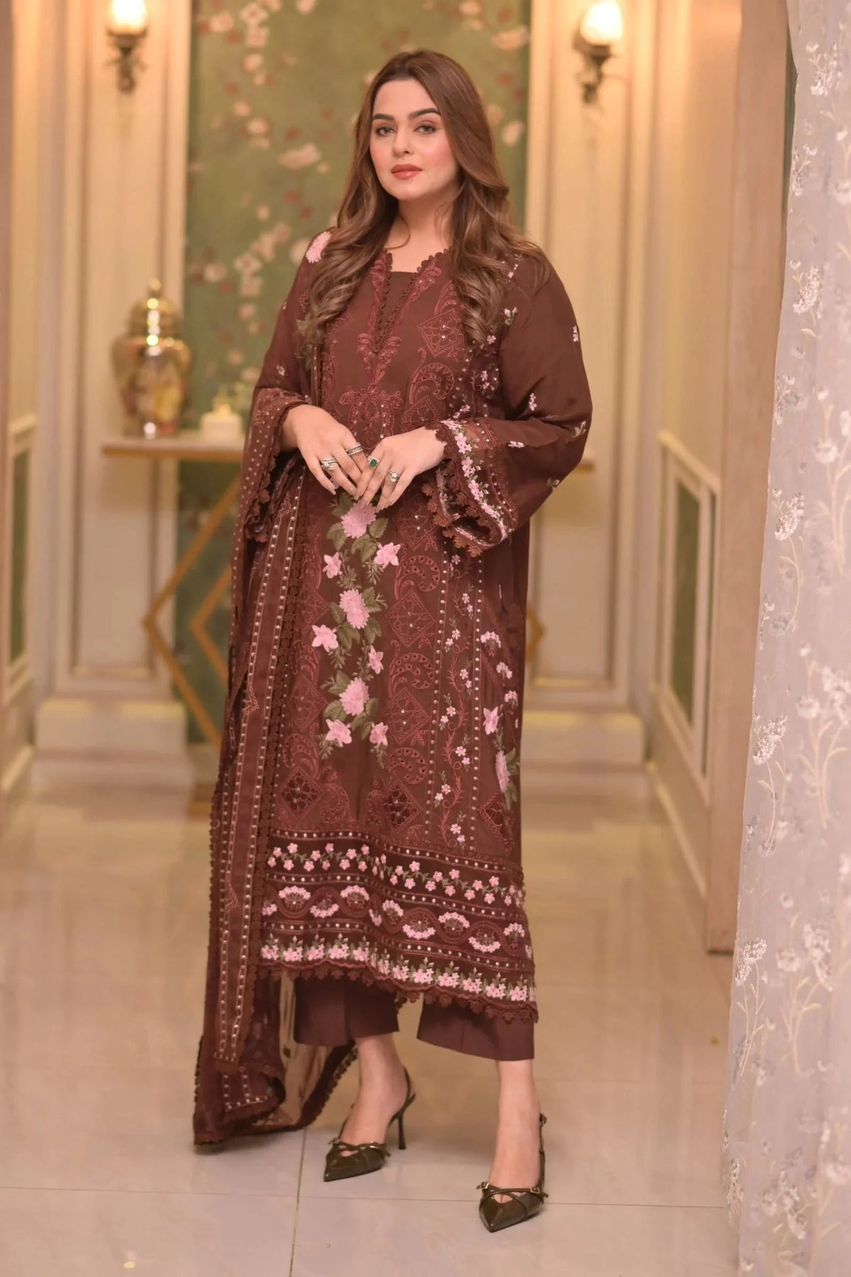 ANEELAS-3PC LAWN CHIKAN EMBROIDERED SHIRT WITH LAWN EMB DUPATTA AND TROUSER-BIC-4809 Asasay Fakhir